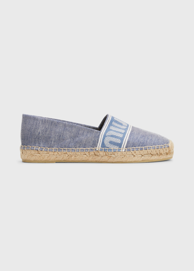 Shop Miu Miu Denim Logo Loafer Espadrilles In Bluette