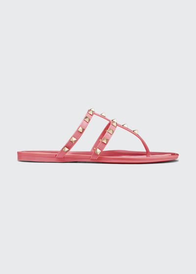 Shop Valentino Rockstud T-strap Flat Slide Sandals In W34 Water Rose