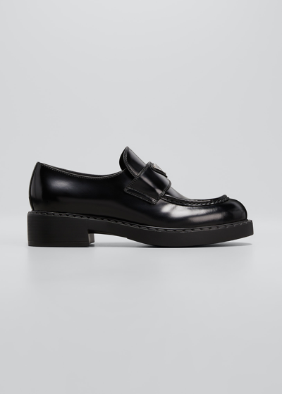 Shop Prada Leather Triangle Logo Loafers In Porpora F