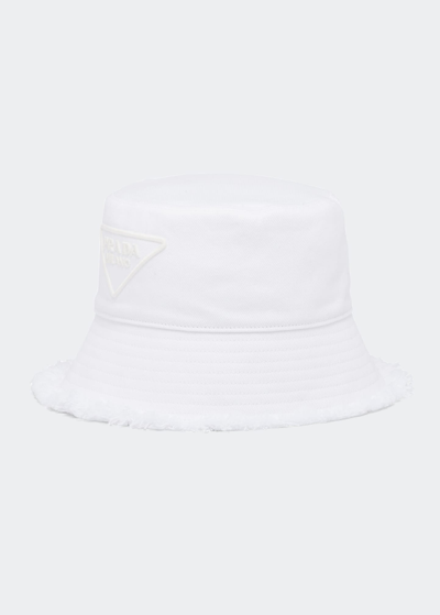 Shop Prada Fringe Triangle Logo Bucket Hat In F0009 Bianco