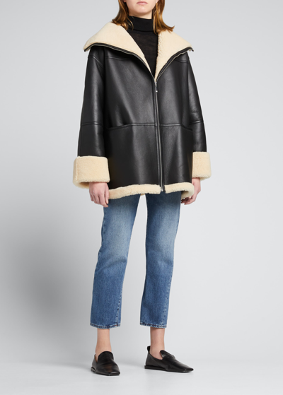 Shop Totême Signature Sheep Shearling Jacket In Black/off-white 9