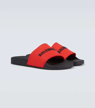 Shop Balenciaga Rubber Pool Slides With Logo In Red