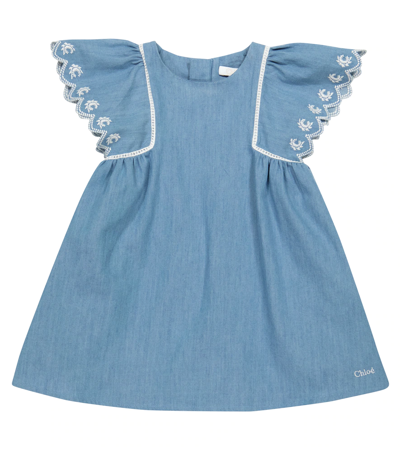 Shop Chloé Baby Embroidered Chambray Dress In Denim Light Blue