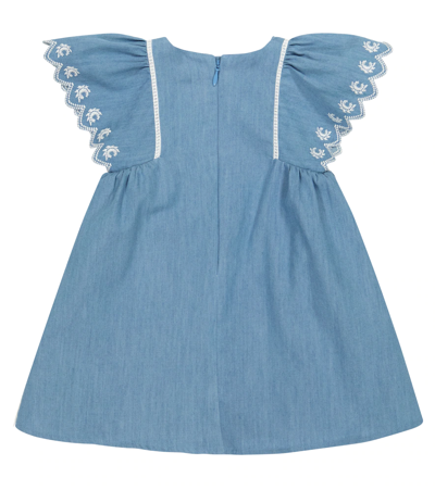 Shop Chloé Baby Embroidered Chambray Dress In Denim Light Blue