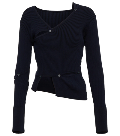 Shop Jacquemus Le Cardigan Tordu Cutout Knit Top In Navy