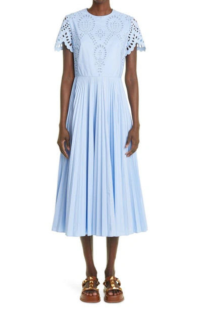 Shop Valentino Broderie Anglaise Pleated Cotton Blend Midi Dress In Iris Lilac