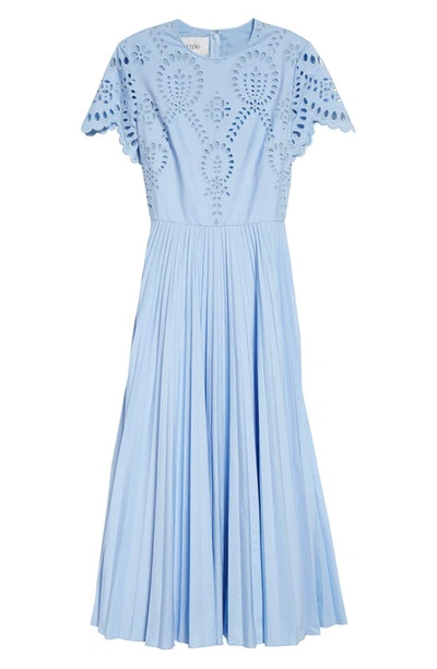 Shop Valentino Broderie Anglaise Pleated Cotton Blend Midi Dress In Iris Lilac