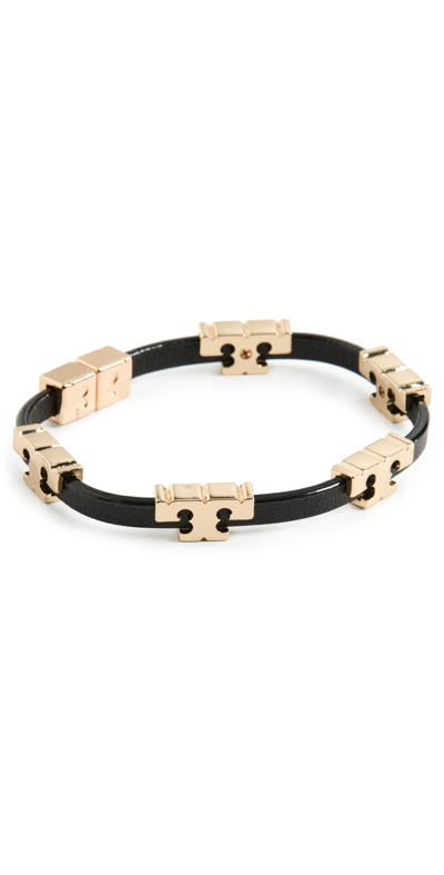 Shop Tory Burch Serif T Wrap Bracelet In Tory Gold/black/vachetta