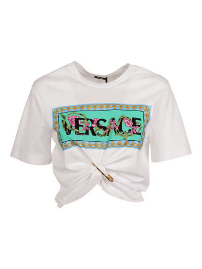 Shop Versace Logo Printed Safety-pin Cropped T-shirt