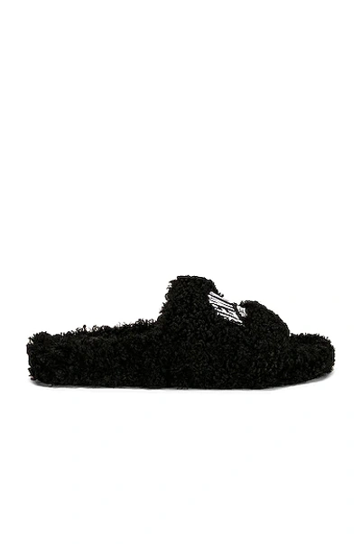 Shop Balenciaga New York Furry Slides In Black & White