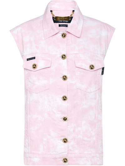 Shop Philipp Plein Bleach-effect Denim Vest In Pink