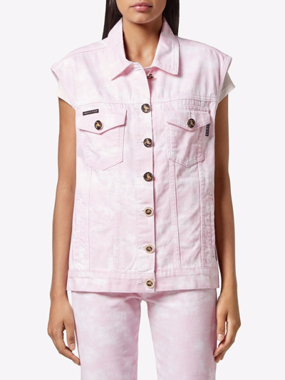 Philipp Plein Bleach-effect Denim Vest In Pink