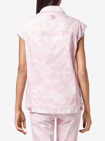 Philipp Plein Bleach-effect Denim Vest In Pink