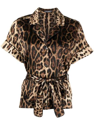 Shop Dolce & Gabbana Leopard-print Belted Silk Shirt In Braun