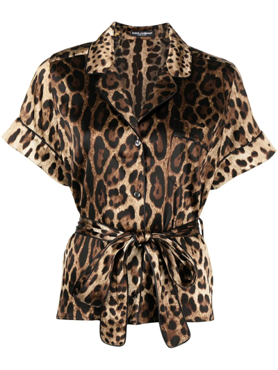Dolce & Gabbana Leopard Print Tie Waist Satin Blouse In Braun