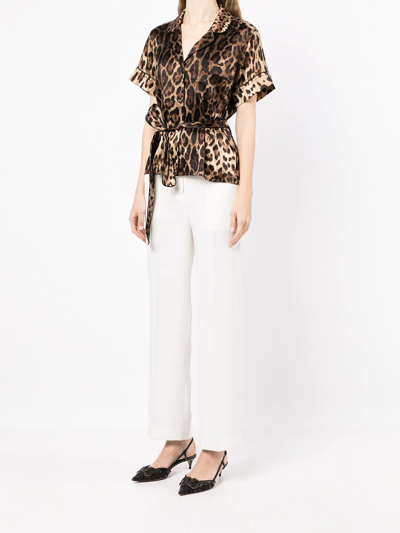 Dolce & Gabbana Leopard Print Tie Waist Satin Blouse In Braun