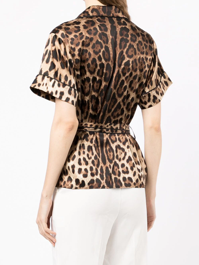 Dolce & Gabbana Leopard Print Tie Waist Satin Blouse In Braun
