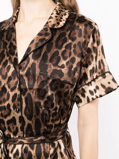 Dolce & Gabbana Leopard Print Tie Waist Satin Blouse In Braun
