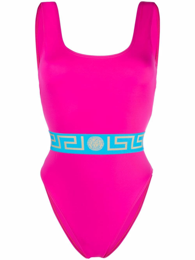Shop Versace Greca-print Swimsuit In Rosa
