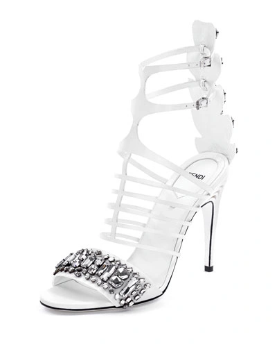 Fendi Jeweled Leather Cage Sandal In White