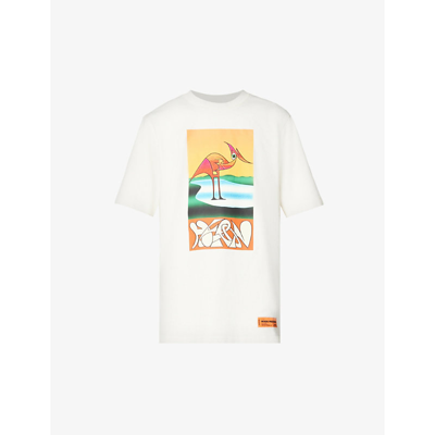Shop Heron Preston Heron Brand-print Cotton-jersey T-shirt In White Orange