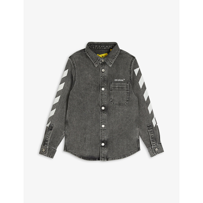 Off-white Rubber Contrast-logo Stretch-denim Shirt 8-10 Years In Black
