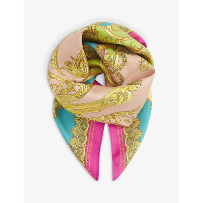Shop Versace Baroque-print Square Silk Scarf In Light Pink Multi