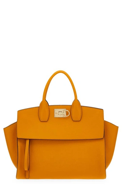 Shop Ferragamo Medium The Studio Soft Leather Top Handle Bag In Olivello / Naturale