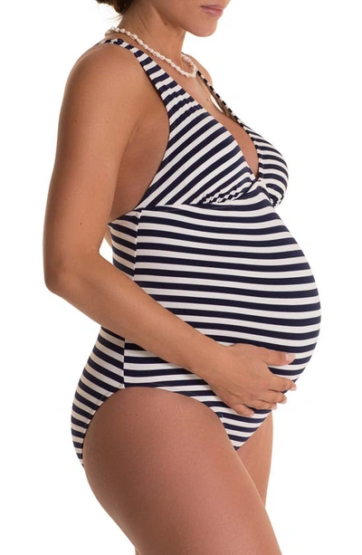 Shop Pez D'or Marina Stripe One-piece Maternity Swimsuit In Navy/ White