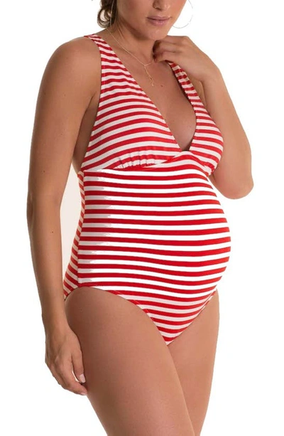 Shop Pez D'or Marina Stripe One-piece Maternity Swimsuit In Red/ White