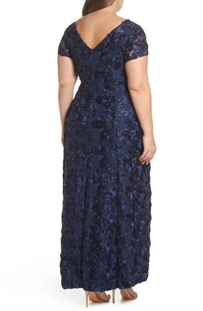 Shop Alex Evenings Rosette Lace Short Sleeve A-line Gown In Navy