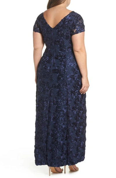 Alex Evenings Rosette Lace Short Sleeve A-line Gown In Navy