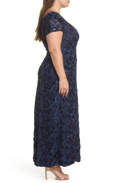 Shop Alex Evenings Rosette Lace Short Sleeve A-line Gown In Navy