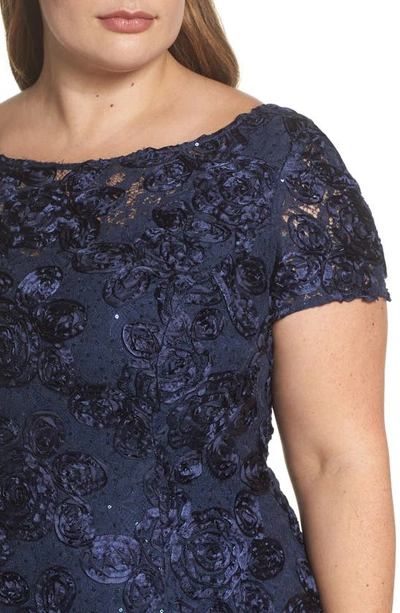 Shop Alex Evenings Rosette Lace Short Sleeve A-line Gown In Navy