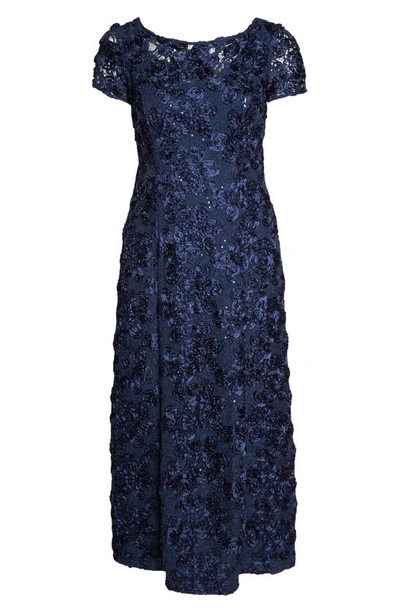 Alex Evenings Rosette Lace Short Sleeve A-line Gown In Navy