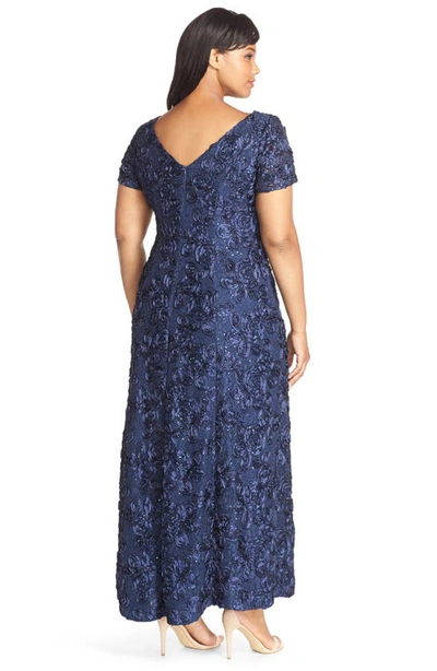 Alex Evenings Rosette Lace Short Sleeve A-line Gown In Navy