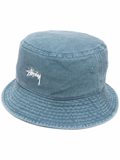 Shop Stussy Logo-embroidered Denim Bucket Hat In Blue