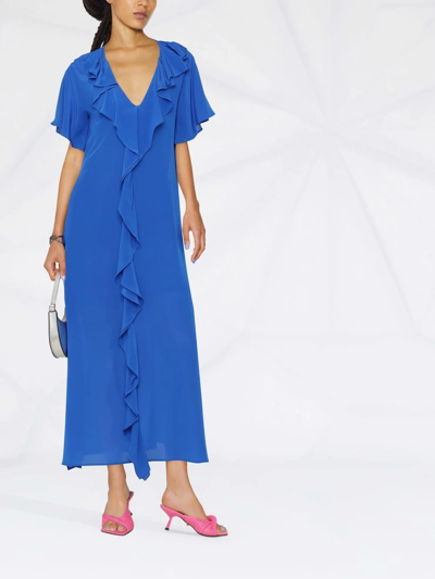 Shop Gold Hawk Ruffle-trim V-neck Long Dress In Blau