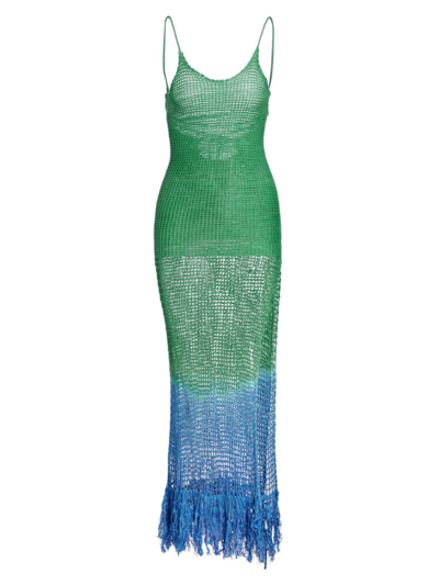 Shop Alejandra Alonso Rojas Crochet Self-tie Open-back Maxi Dress In Dyed Green Blue