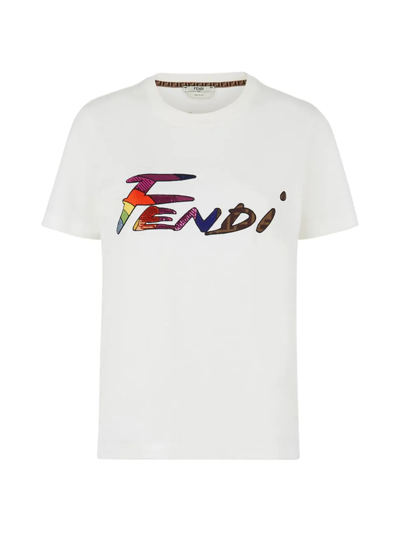Shop Fendi Women's Brush Logo Cotton T-shirt In White