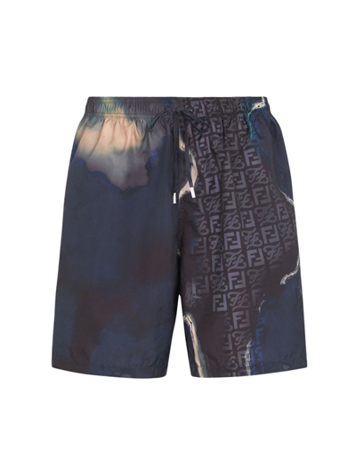 Shop Fendi Men's Logo Print Drawstring Swim Trunks In Moonlight