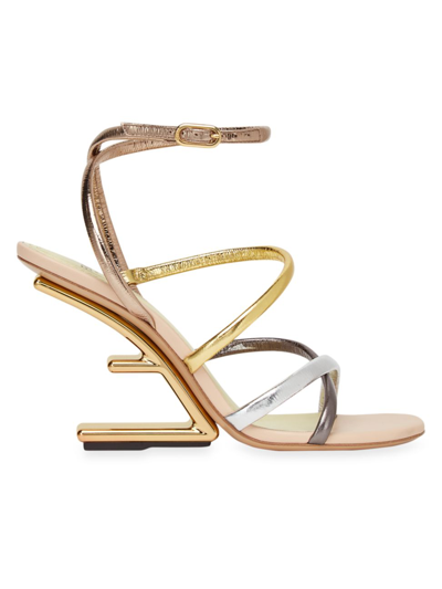 Shop Fendi Women's Mix Leather Ankle-strap Sandals In Argento