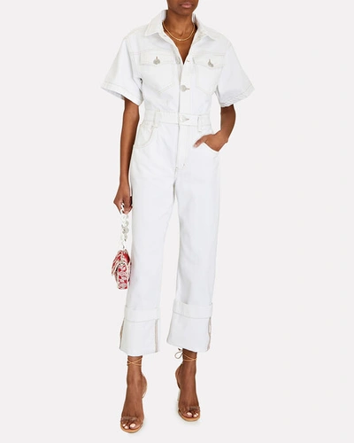 Shop Frame Oversized Button Detail Denim Jumpsuit In White