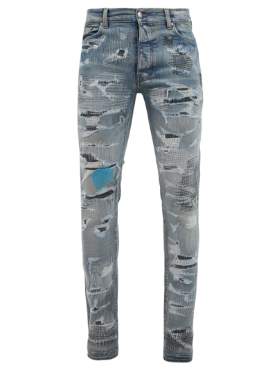 Shop Amiri Distressed All Over Repair Jean Clay Indigo