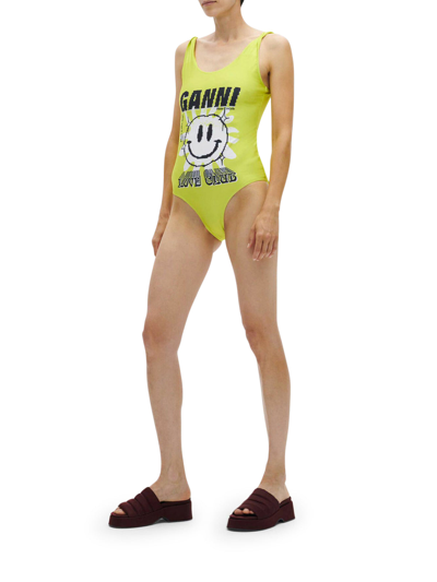 Shop Ganni Graphic Sporty Swimsuit In Yellow & Orange