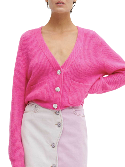 Shop Ganni Relaxed Wool Cardigan In Pink & Purple
