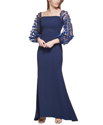 Shop Eliza J 3d-floral-sleeve Scuba Crepe Gown In Navy