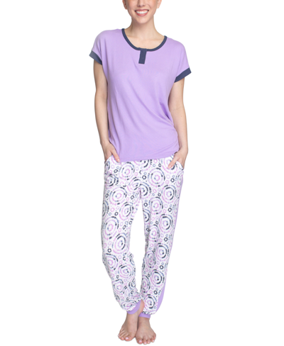 Shop Muk Luks Ultra Soft Short-sleeve Top And Jogger Pants Lounge Set In Lavender