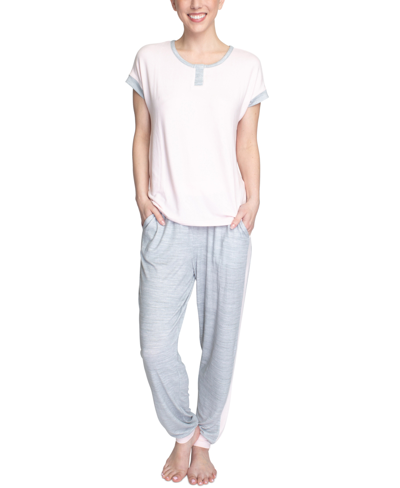 Shop Muk Luks Ultra Soft Short-sleeve Top And Jogger Pants Lounge Set In Pink