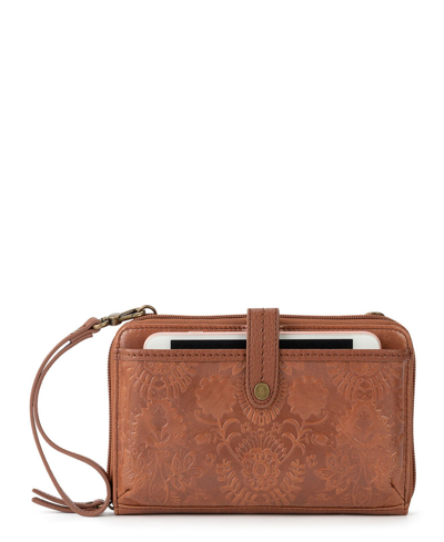 Shop The Sak Iris Leather Smartphone Convertible Crossbody Wallet In Tobacco Floral Emboss